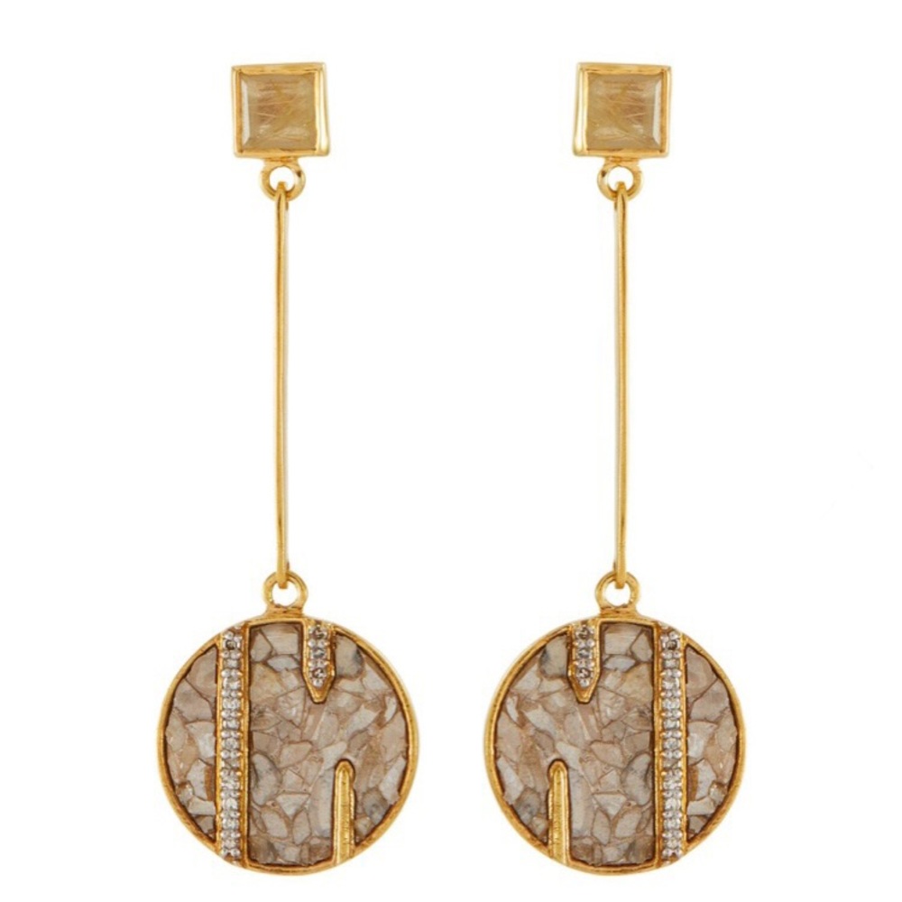 50% OFF!SHANA GULATI RUMELI' CHAMPAGNE DIAMONDS QUARTZ 18K GOLD VERMEIL EARRINGS
